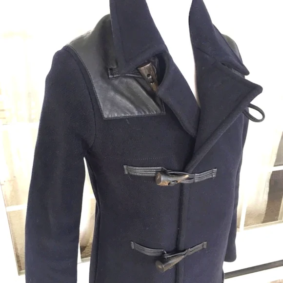 Allsaints Navy Wool Duffle Coat w Leather Shoulder